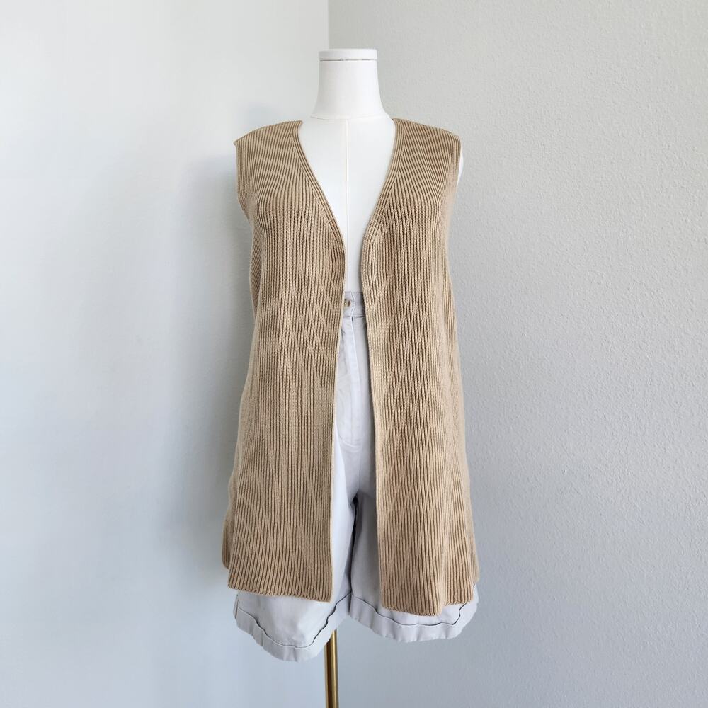 Vintage Y2K Liz & Co Tan Ribbed Knit Sleeveless Open Front Cardigan Vest M L